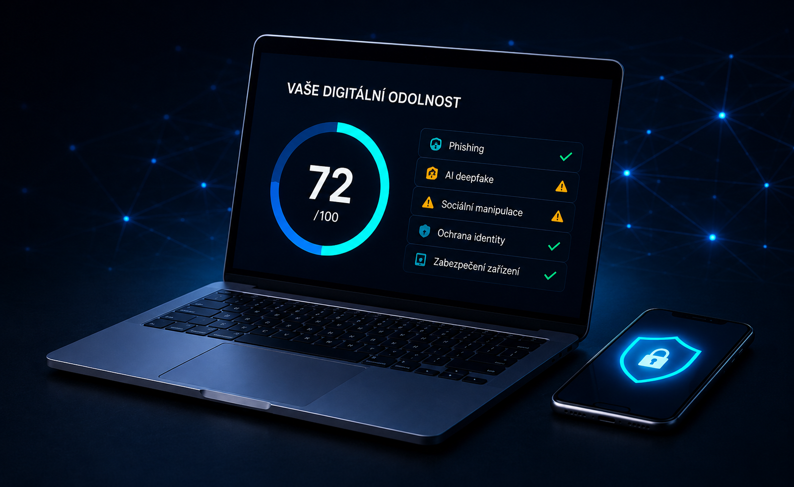 Ukázka výsledku digitální odolnosti s přehledem hrozeb